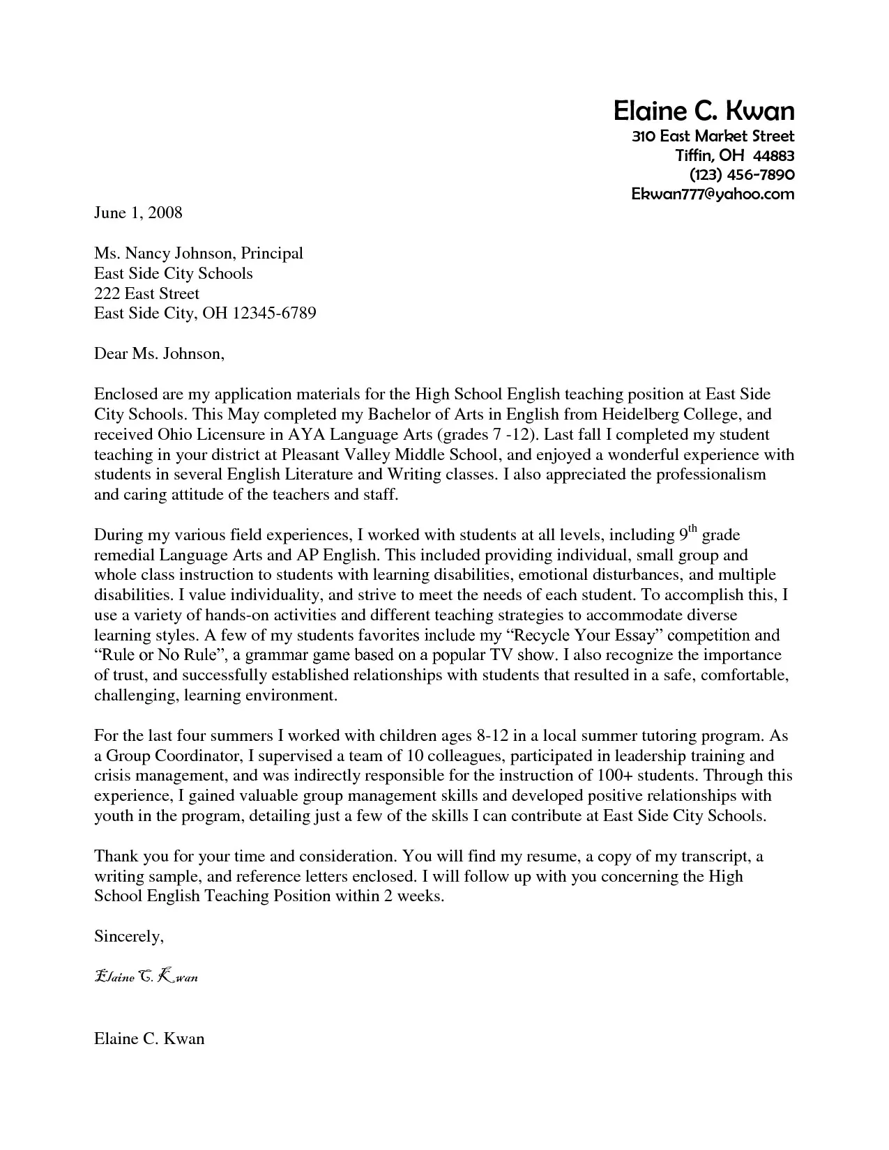 39973 cover letter teaching job examples