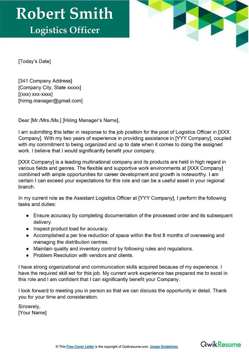 40011 logistics cover letter header