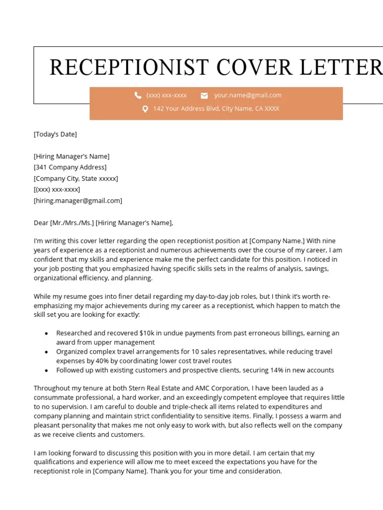 40044 receptionist cover letter header