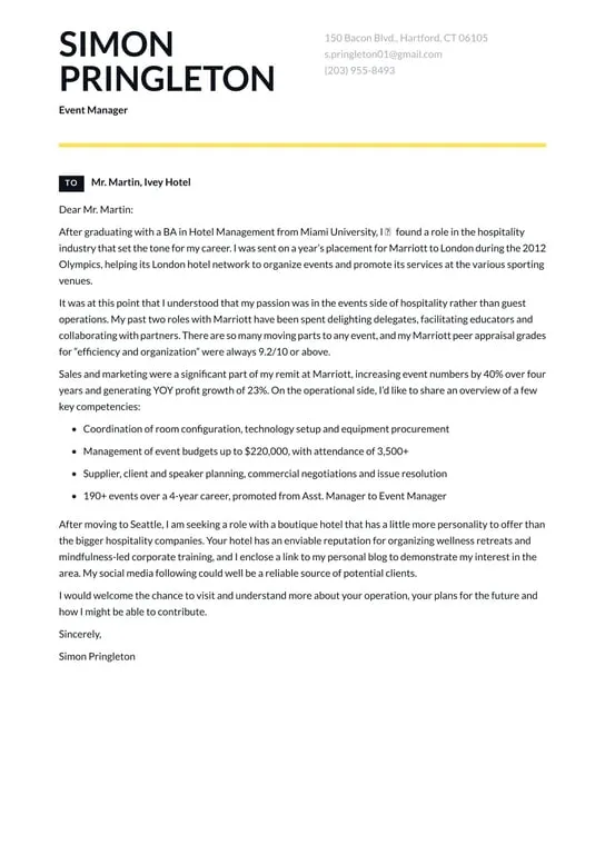 40074 event manager cover letter achievements