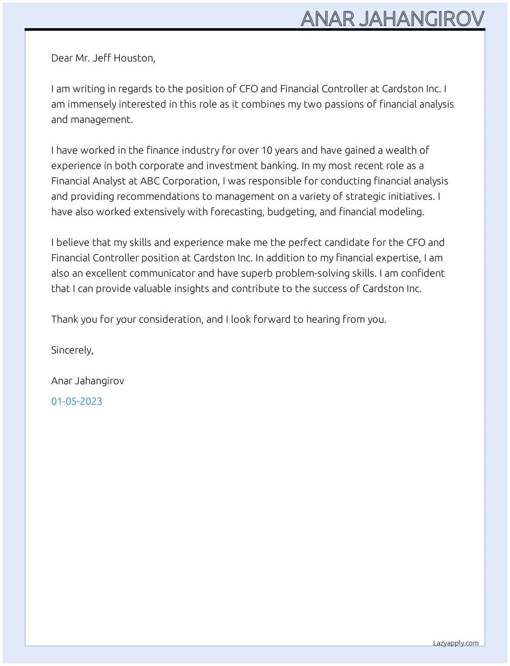 40163 controller cover letter achievements