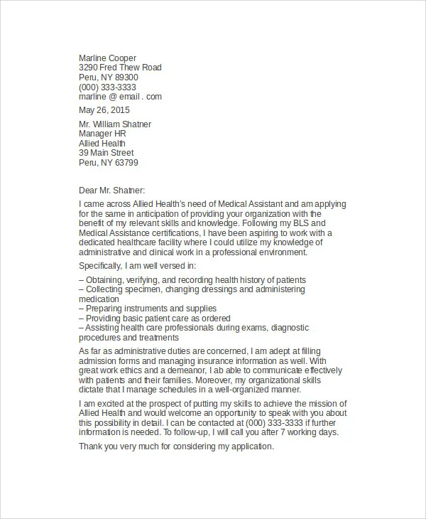 40209 medical assistant cover letter formatting