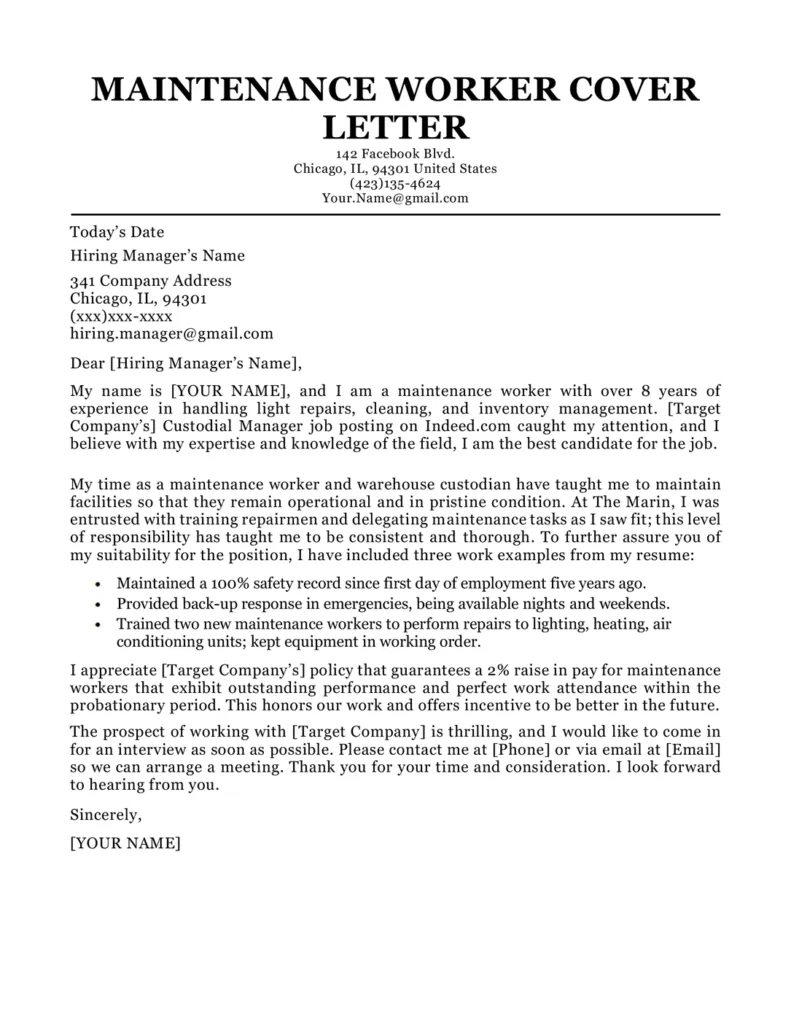 40237 maintenance cover letter